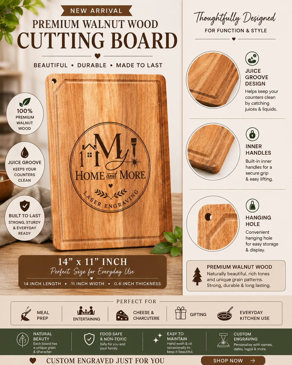 Large Rectangle Walnut Cutting Board (14×11)