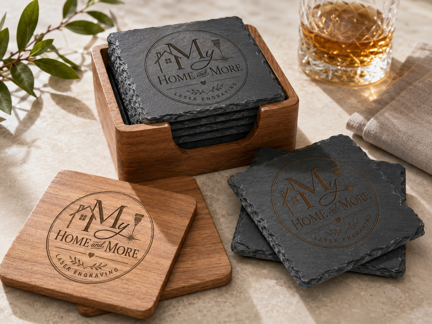 Set of wooden and slate coasters with 'My Home and More' branding on a table.